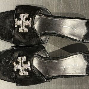 Tory Burch Black Velvet Mules with Silver Logo